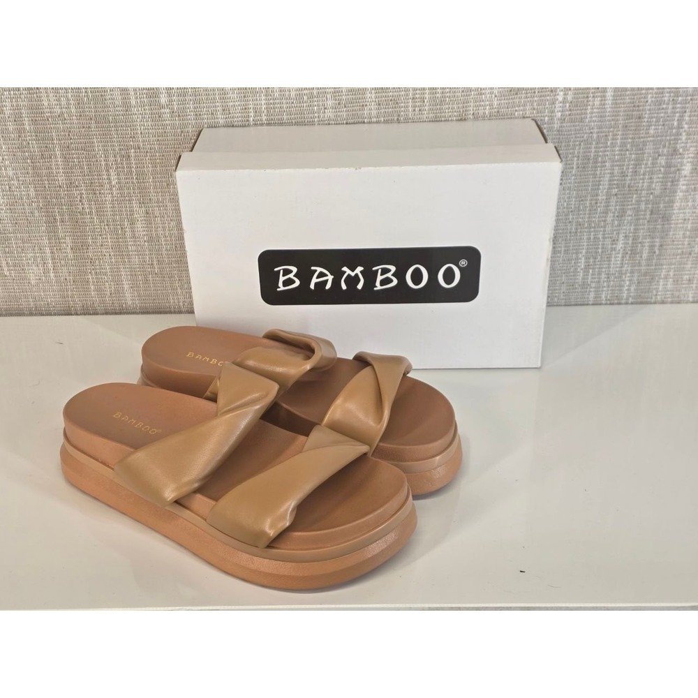 Bamboo Reiki-11 Tan Platform Slide Sandals Double Twist Strap Size 11 052/022
